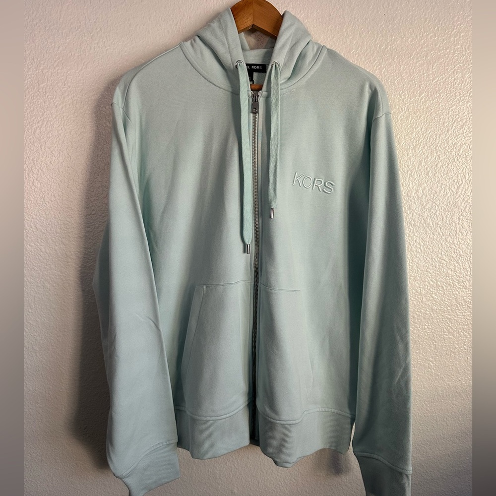 Michael Kors MK Logo Terry Fleece Hoodie Turquoise Classic Preppy Men Size Large